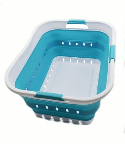 SAMMART 42L Collapsible Plastic Laundry Basket - Foldable Pop Up Storage Container/Organizer - Portable Washing Tub - Space Saving Hamper/Basket (1, White/Bright Blue)