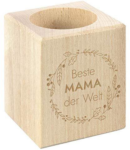 LAUBLUST Teelichthalter mit Gravur - Beste Mama der Welt - Geschenk für Mutter | Teelicht aus Holz, ca. 6 x 6 x 7 cm