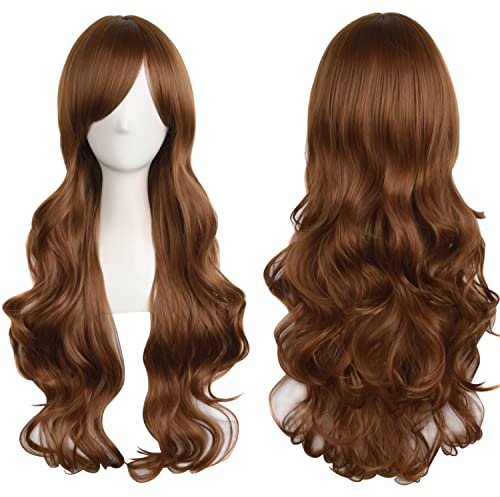 Colorfulpanda Perücke Braun Lange Natürliche Gewellte Mode Locken Perücke mit Pony Synthetische Wig für frauen mädchen Cosplay Halloween kostüm party,perücke Rot Braun 80 cm