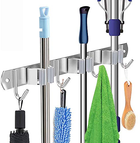 Mop Halter, Edelstahl Wandregal Besen montiert Storage Organizer Hochleistungswerkzeug Kleiderbügel mit 3 Schnellspannern 4 Haken für Zuhause Küche Bad Garage Garten