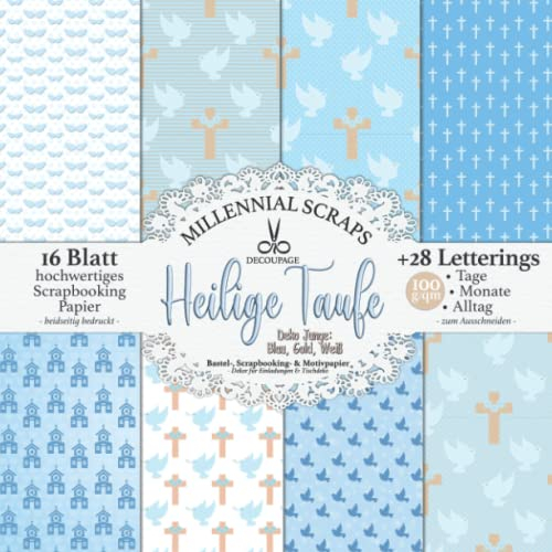 Decoupage Heilige Taufe Deko Junge: Blau, Gold, Weiß: Bastel-, Scrapbooking- & Motivpapier I Dekor für Einladungen & Tischdeko I Letterings zum Ausschneiden I Babtism DIY für Bastelfreunde
