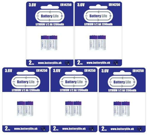 Battery Life Half AA 3.6v Batteries ER14250 ½ Lithium (10 pack) 1200mAh for Gas Meter Security Alarm System Dogwatch Collar