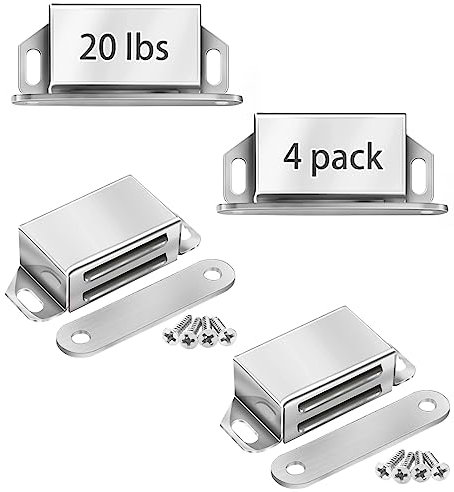 Onarway Magnetischer Türschnapper, 4 Stück, 9 kg Stärke, Edelstahl, Chrom, Schrankriegel für Badezimmer, Küche, Schiebetür, Fenster, Schrank