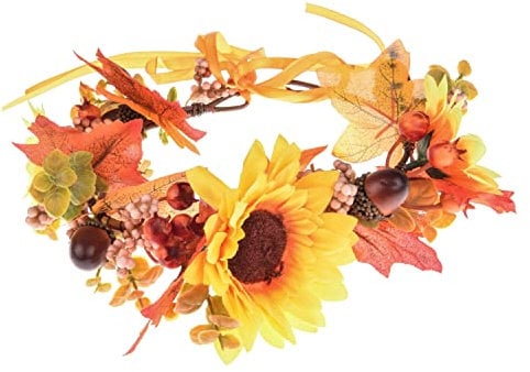 Merroyal Green Flower Crown Eucalyptus Crown Leaf Floral Crown Boho Wedding (White and Green) (Sunflower and Orange Leaf)