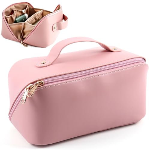 MAMUNU Trousse de maquillage de voyage de grande capacité avec poignée portable à fermeture éclair - Trousse de toilette avec compartiments pour femmes et filles, rose, 25.00x12.00x12.00cm, Trousse de