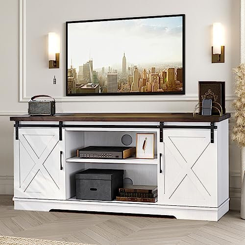 Amyove Farmhouse TV Stand for 65 Inch TV, Entertainment Center TV Media Console Table, White TV Stand with Barn Doors, Storage and Shelves, Tall Modern TV Console Cabinet Furniture for Living Room