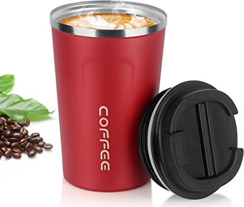 MOMSIV Coffee Cup, 380ml Stainless Steel Coffee Mug with Leak-Proof Lid, Insulated Vacuum Leakproof Travel Mug, Double-Walled Insulated Car Mug for Coffee, Tea Water (Red)