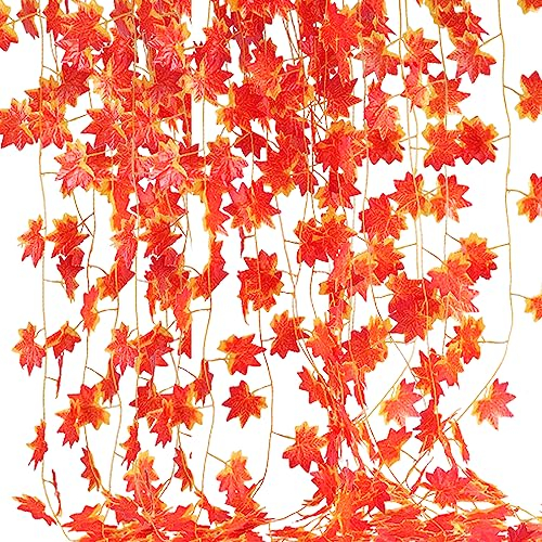 SLFYEE Rote 5 PCS 2.5M Künstliche Hängepflanzen Herbstgirlande Ahornblätter Plastikpflanzen Herbst Deko Girlande für Innen Äußer Zuhause Balkon Garten Hochzeit Deko