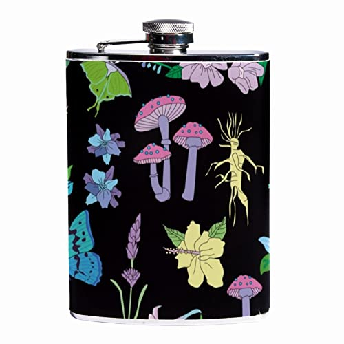 Hip Flasks for Liquor,Fruit Flower Plant Mushroom,Stainless Steel Leakproof Flask and Funnel Flask for Men Women