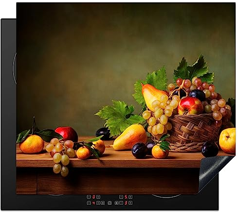 KitchenYeah© Herdabdeckplatte Einteilig Herdabdeckung Abdeckplatte für Ceranfeld Abdeckung Induktionskochfeld Aufrollbare Matte Trauben - Rustikal - Korb - Obst - Farbe - 60x52 cm