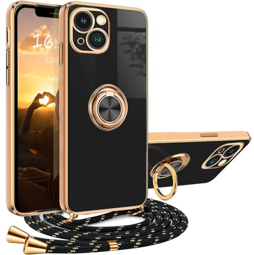 XCYYOO Handykette iPhone 13 Hülle mit Band iPhone 13 Handyhülle mit 360 Grad Ring Ständer Luxuriös Galvanisierte Kratzfest Schutzhülle Silikon Bumper Stoßfest Dünn Hülle mit Kette