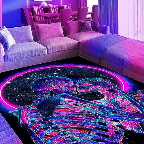 HOLAVIDA Schwarzlicht Küssender Schädel Teppich, Großer Fluoreszierender UV-reaktiver Skelett Wurfteppich, Rutschfester Gothic-Teppich, Leuchtende Dekoration für Schlafzimmer 120x180cm