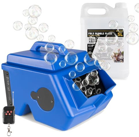 BeamZ B1500 Electric Bubble Blower Machine with Dual Fan, Wireless Remote Control and 5L Fluid for Kids Garden Parties - 2 Litre Tank, Blue