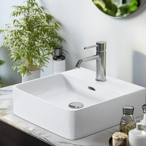 EMKE Waschbecken Aufsatzwaschbecken, Hängewaschbecken für Badezimmer Gäste WC 42 x 43 x 13 cm, Eckig Handwaschbecken Klein Waschbecken Bad Wandwaschbecken Waschtisch Weiß