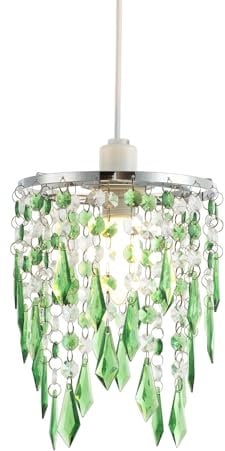Modern Waterfall Design Easy Fit Pendant Shade with Clear/Emerald Green Acrylic Droplets and Beads - Chrome Metal Ring - 16cm Diameter by Happy Homewares