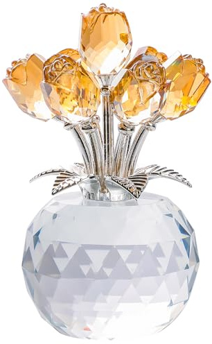 YWHL Handgefertigte Kristall-Champagner-Rosen-Blumenfigur mit runder Vase, romantische Rosen-Geschenke für Frauen zur Hochzeit, Valentinstag, Weihnachten, Glasrosenblumen für Freundin, Ehefrau,
