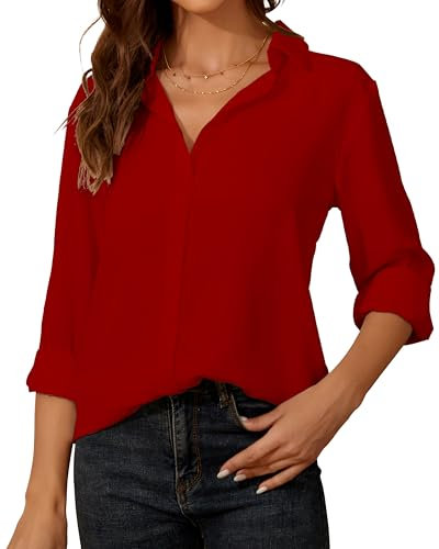SPRING SEAON Womens Blouse Long Sleeve Chiffon V-Neck Button Down Shirt Casual Office Work Tops for Ladies Red