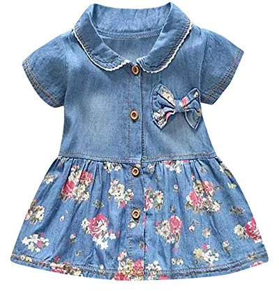 Bowknot-Kleiderhülse Baby Druck Prinzessin Kleidung Denim Mädchen Kleinkind Blumen Kurze Mädchen Kleidung & Rock Badminton Mädchen (Blue, M)