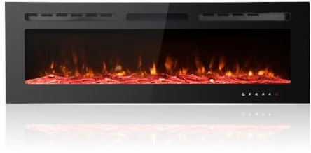 M.C.Haus Camino Elettrico Ultra sottile, Silenzioso, 12 Diverse Fiamme, Montaggio a Parete a Incasso, Touchscreen in Vetro e Telecomando, con Cristallo e Tronco di Legno(127cm/50inch, Nero)