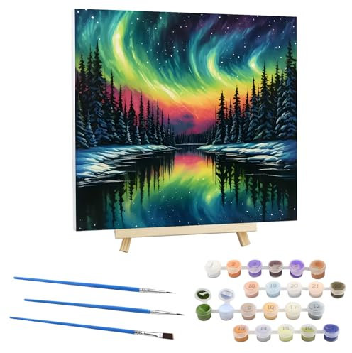 EOBROMD Peinture par Numero Adulte Aurore Boréale,Kit de Peinture à l'huile sur Toile Bricolage avec Cadre en Bois et Chevalet, Paysage Peinture Sans Plis Toile pour Décoration de la Maison 30x30cm
