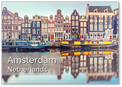 Amsterdam Canal Singel mit typischen niederländischen Häusern und Hausbooten während der Morning Blue Hour, Holland, Niederlande, Used Toning Kühlschrankmagnet