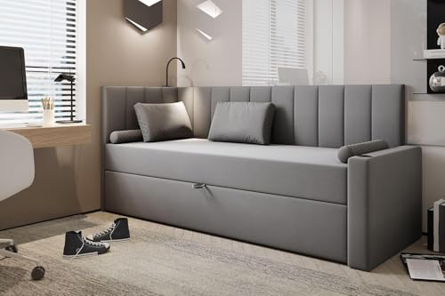 TRADA Boxspringbett Tokio, 100 x 200 cm, Grau | Bett mit Matratze und Bettkasten, USB-Anschluss, Lampen- und Getränkehalter, Stoffbezug Veloursstoff