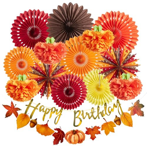 SUNBEAUTY Fall Decorations Orange Party Hanging Paper Fans Fall Thanksgiving Pumpkins Paper Pom poms Maple Leaves banner Happy Birthday Banner for Baby Shower Celebration Fall Harvest Party