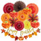 SUNBEAUTY Fall Decorations Orange Party Hanging Paper Fans Fall Thanksgiving Pumpkins Paper Pom poms Maple Leaves Banner Happy Birthday Banner for Baby Shower Celebration Fall Harvest Party