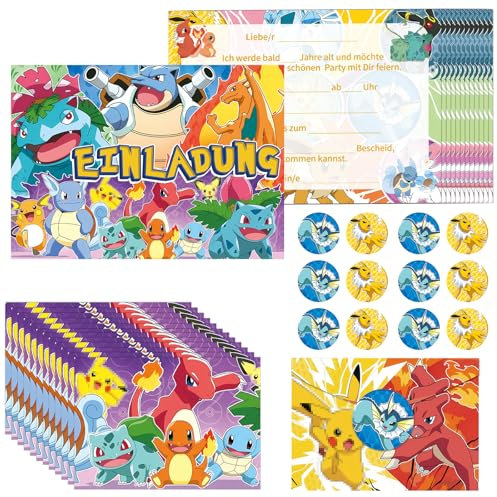 GOACRS Einladungskarten Kindergeburtstag Jungen Mädchen, 12pcs Deutsche Geburtstag Einladungen, Partyeinladungen mit Bunte Umschläge und Runde Aufkleber, Cartoon Anime Party Einladung Set für Kinder
