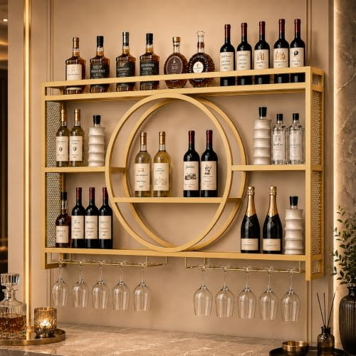 Modernes Metall Weinregal Wand, Bar-Einheit Schwebendes Regal, Weinregale Display Rack Aus Eisen, Bar Regale Wand mit Weinflaschenhalter und Glasregal für Home, Restaurant, Bars (Gold,100x15x80cm)