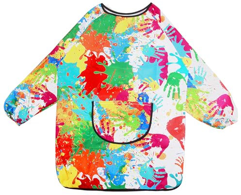 Malkittel Kinder, Malschürze Kinder für 6-12 Jahre Wasserdicht Malkittel Einstellbar Bastelschürze mit Ärmeln und Big Taschen Tuschkittel für Schule Kunst Malerei Kochen