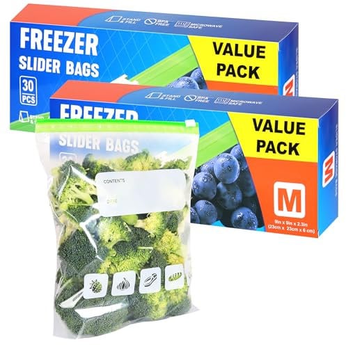 Slider Ziplock Freezer Bags 60pcs(2.27L), Food Storage Bags BPA Free Sandwich Bag Reusable Zip Seal Plastic Bag with Expandable Bottom for Food, Meat, Grains, Fruits, Vegetables