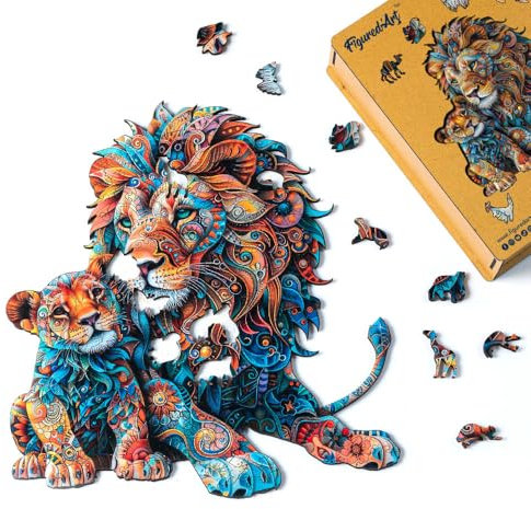 Figured'Art Holzpuzzle Erwachsene und Kinder 200 Teile Tiere - Löwe und Junges - Originelles Design 26,9x28,8 cm Einzigartige Form mit Premium-Holzkiste