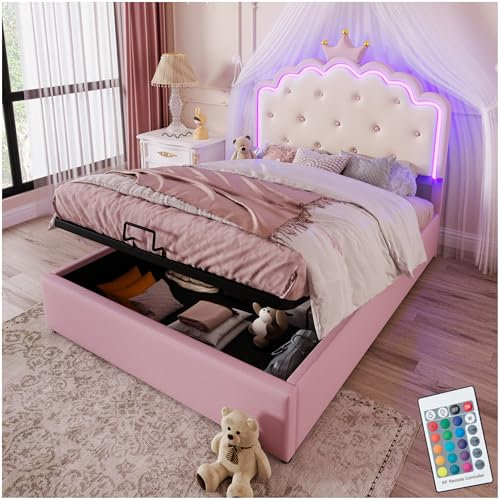 Lubvtti Letto per bambini 140 x 200 cm con luce ambiente,letto matrimoniale con contenitore,telaio del letto 140x200 con rete a doghe,PU,senza materasso,rosa