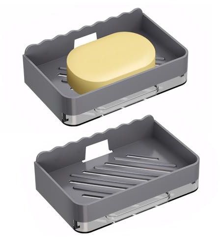 2 Stück Wandmontage Seifenablage Dusche, Seifenschale Dusche Ohne Bohren, Seifenhalter mit Abtropfschale und Haken für die Badezimmerküche (Grau)