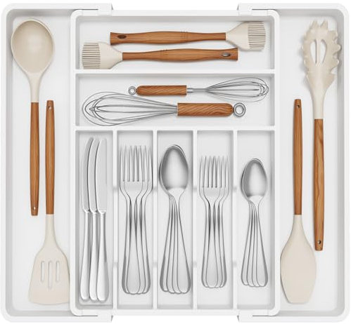 Lifewit Portaposate espandibile per cassetti, profondità 42,4 cm, organizer per cassetti, larghezza da 33 a 57 cm, portaposate in plastica per cucchiai/forchette, bianco