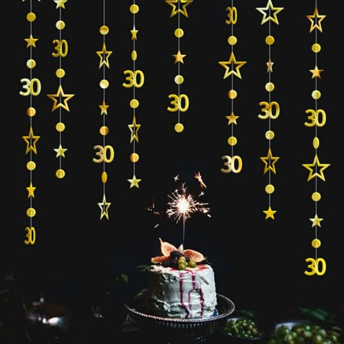 3m Long 30th Birthday Decorations,30th Birthday Banner,Gold-Colored Birt-hday Party Decorations,30-th Gold Circle Dots Star Garland Birth-day Party Decora-tions,Happy 30-th Bir-thday Banner