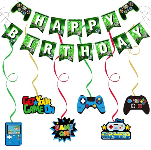 Kiyanest Décoration d'Anniversaire Gaming Vert – Bannière Happy Birthday & 6 Spirales Suspendues – Déco de Fête Gamer