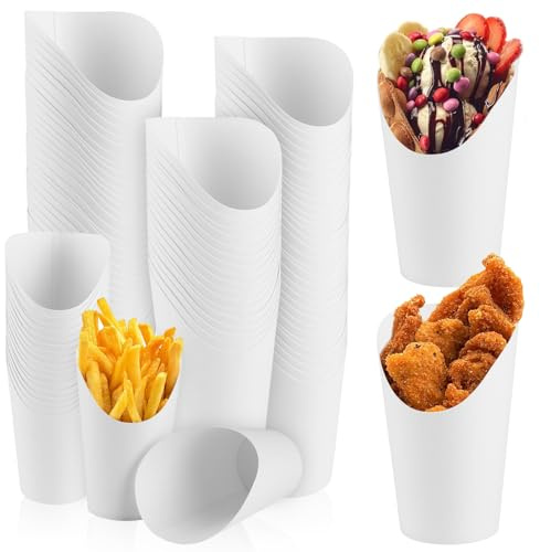 YAYODS 100 Stück Kraftpapier Becher Weiß - 12oz Pommestüten mit Schrägem Mund - 360ml Snacker Pappbecher - Pommes Tüten - Bubble Waffeleisen Tüten - Eisbecher Pappe - Snacktüten für Pommes Frites