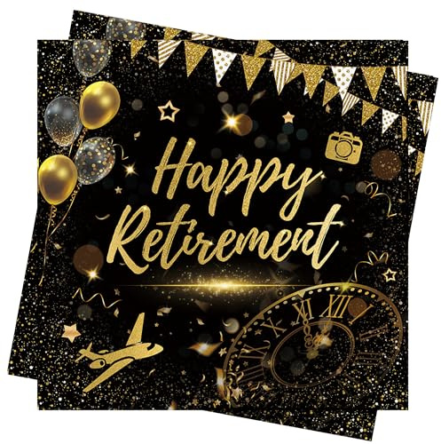 40Pcs Happy Retirement Napkins Black Golden Paper Napkins 33x33cm Party Supply Accessories