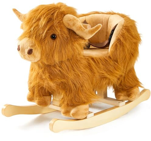 Baby Rocking Horse,Highlander Cattle Wooden Rocking Horse for Toddlers 1 Year Old Cute Cow Stuffed Plush Ride-on Toy Rocking Animal for Baby Boys and Girls Nursery/Child Christmas or Birthday Gift
