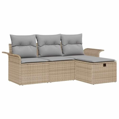 vidaXL Garten-Sofa-Set mit Kissen mit Speicher 4 pcs Beige Poly Rattan, Garten und Terrasse, modernes Outdoor-Sofa, rechteckige Couch, robuster Rattan-Lounge, verstellbare Füße, Sitzecke