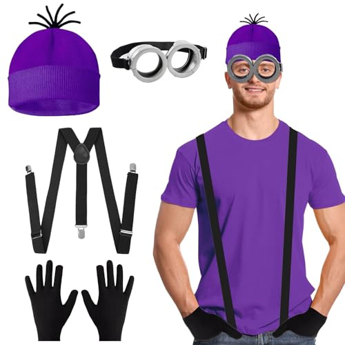 4 Pcs Adults Cosplay Costume Accessories with Purple Beanie Knit Hat Black Gloves Grey Steampunk Goggles Glasses Black Shoulder Strap for Halloween Cosplay Party World Book Day Dress up Outfits