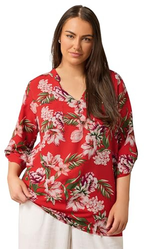 EVANS Curve Floral Print Button Detail Blouse - Women's - Plus Size Curve Red