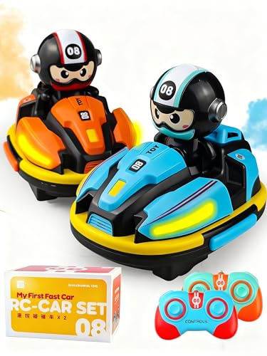 Victoper 2 Pack RC Bumper Cars for Kids,Rechargeable Kids Remote Control Cars with Spray,LED Lights & Music,360° Rotation, for Boys and Girls