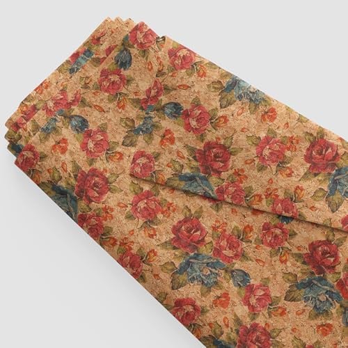 WedDecor Korkstoff mit Blumendruck zum Basteln und Nähen, 180 g/m², flexibel, kaffeebraun (50 cm x 137 cm), für Taschen, Buchumschläge und Polster