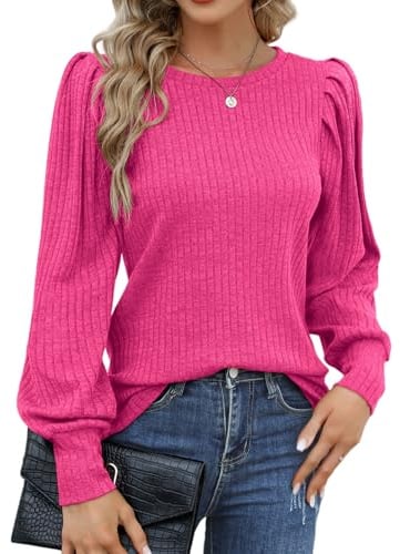 Hotouch Pull Femme Elegant Hauts Manches Longues Bouffantes Léger Automne | Top Col Rond Tricot, Chemisier Hiver