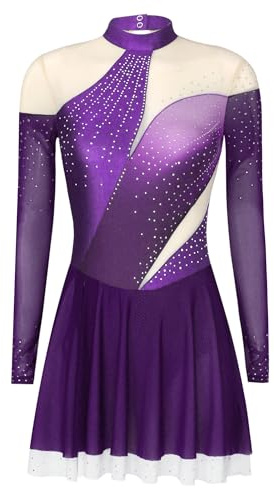 dPois Abito da Pattinaggio Artistico Donna Vestito da Danza Classica Moderna Ballerina Manica Lunga Body Ginnastica Ritmica Abito da Ballo Latino Tango Vestiti da Spettacolo