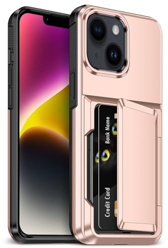 Aolcev for iPhone 14 Case with Card Holder [Max 4 Cards] Rose Gold | Heavy Duty Protective Shockproof,Dual Layer Hard PC Soft TPU Bumper,Hidden Card Slot Wallet Cover for iPhone 14 Phone Case