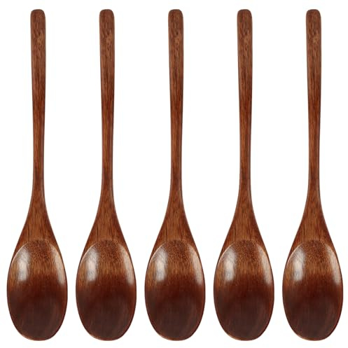 5 PCS Cucharas de Madera Natural 22,5 cm, Cucharas y Cucharillas de Madera, Cuchara de Cocina y Sopa con Mango Largo, Estilo Japonés